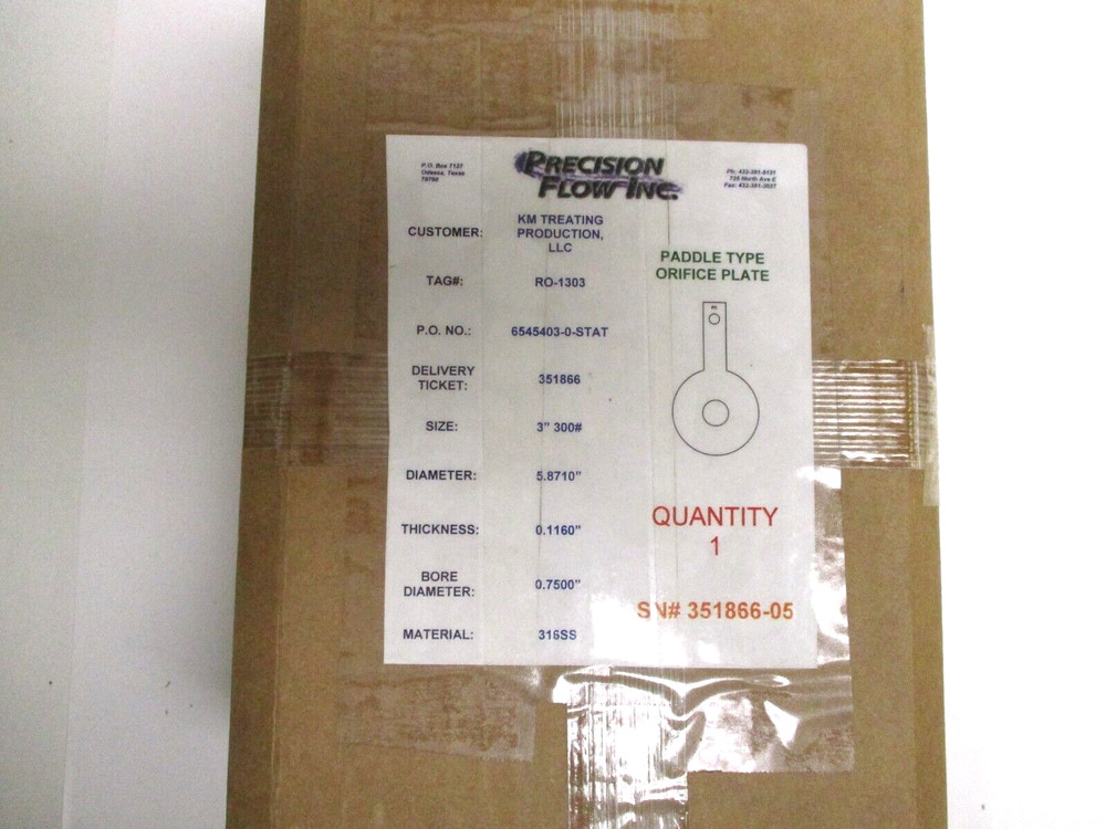 PRECISION FLOW 3" 300 PADDLE TYPE ORIFICE PLATE, 316-SST