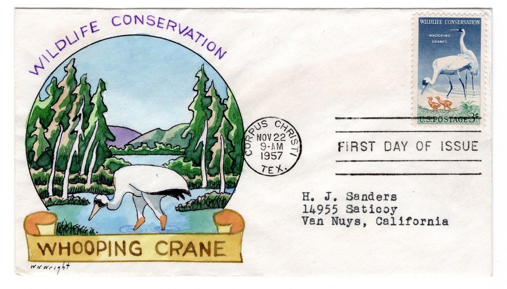 #1098 Whooping Cranes 1957 FDC - William Wright Hand-painted Corpus Christi TX