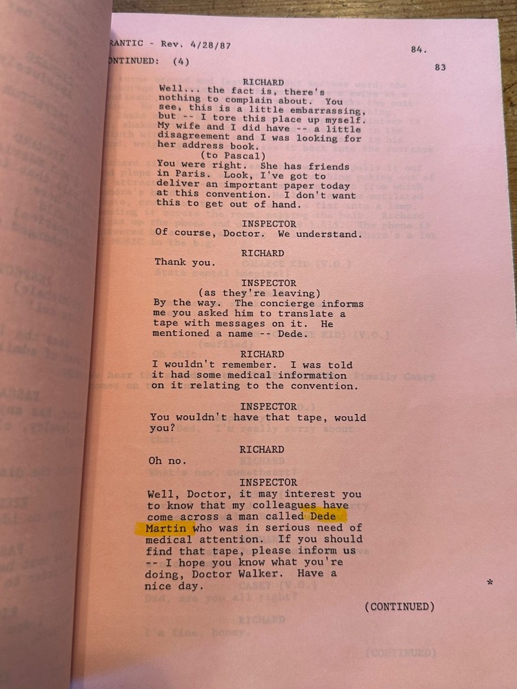 FRANTIC MOVIE ORIGINAL SCREENPLAY SCRIPT HARRISON FORD