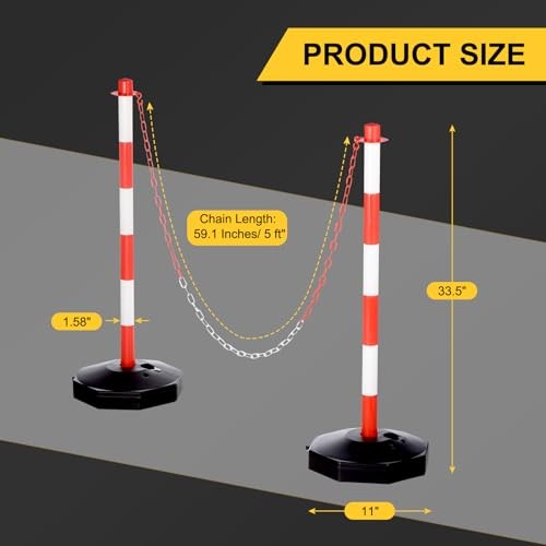 6Pcs Traffic Delineator Post Barrier with Fillable Base, 5ft Plastic Red/White