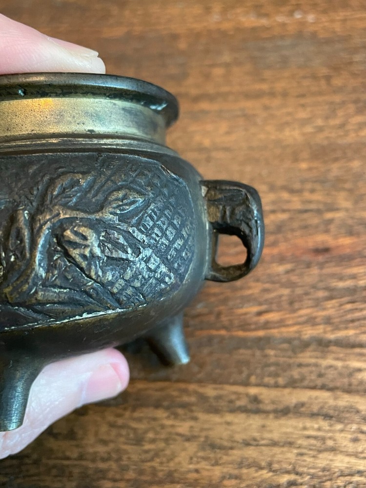 Foo Dog Incense Pot Brass with Elephant Handles
