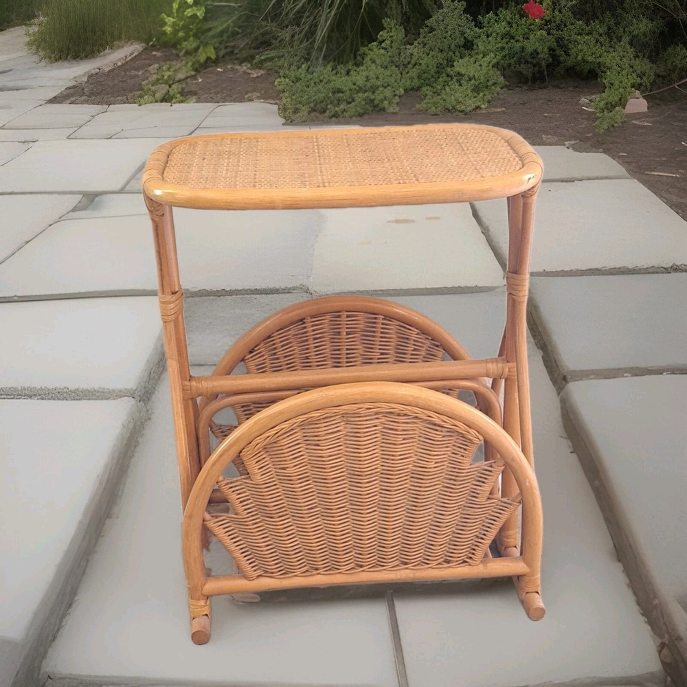 Vintage Rattan Wicker Side Table with Magazine Rack Shelf — Boho Coastal End Tab