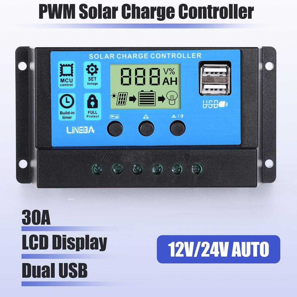 30A Solar Panel Battery Charge Controller 12V/24V LCD Regulator Auto Dual USB