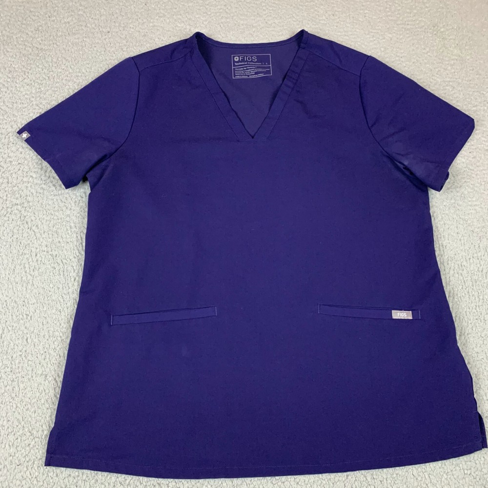 FIGS Scrub Top Womens Large Blue Polyester Stretch Short Sleeve V-Neck Pullover