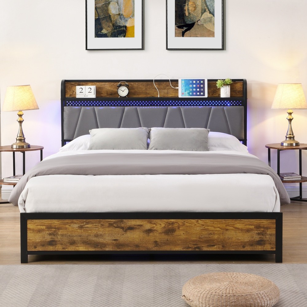 Full/Queen Size Platform Bed Frame w/ 4 Drawer & Storage Headboard & LED Lights