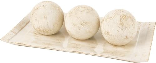 Rustic Luxe Decorative Tray and Orb Set - Centerpiece Table Distressed White