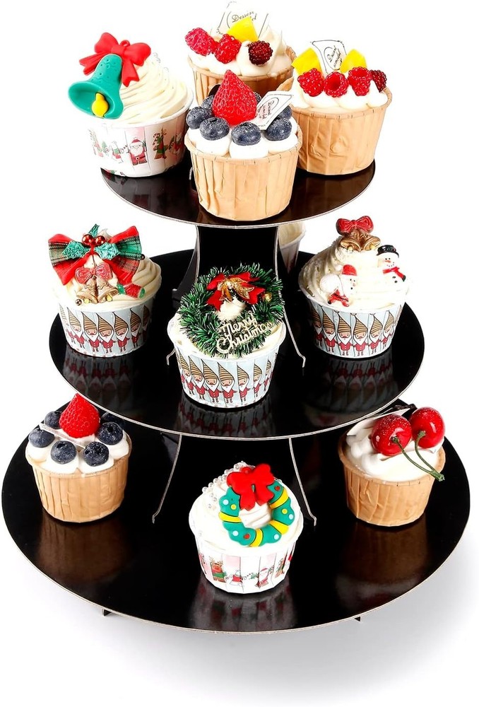 Personalized 3-Tier Cupcake Display Stand - Black Cardboard for All Occasions
