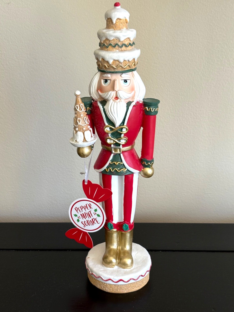 NWT Peppermint Square Nutcracker with Cupcake Hat & Holding Gingerbread Tree