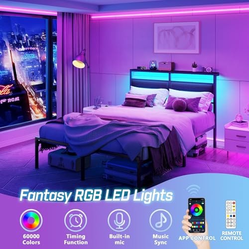 Full Size Bed Frame with Headboard, Bed Frame Full Size with LED Light and