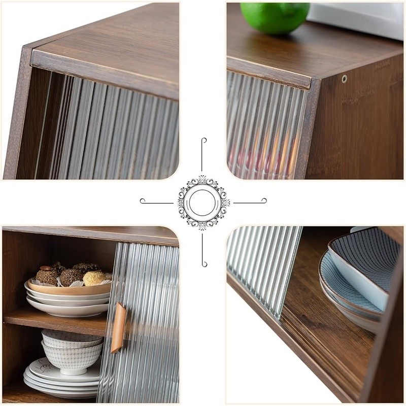 Bamboo Kitchen Locker Adjustable Shelf Sliding Glass Door Storage Sideboard New