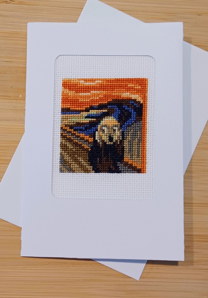 E. Munch The Scream inspired. X-stitch. White card, blank insert & envelope.