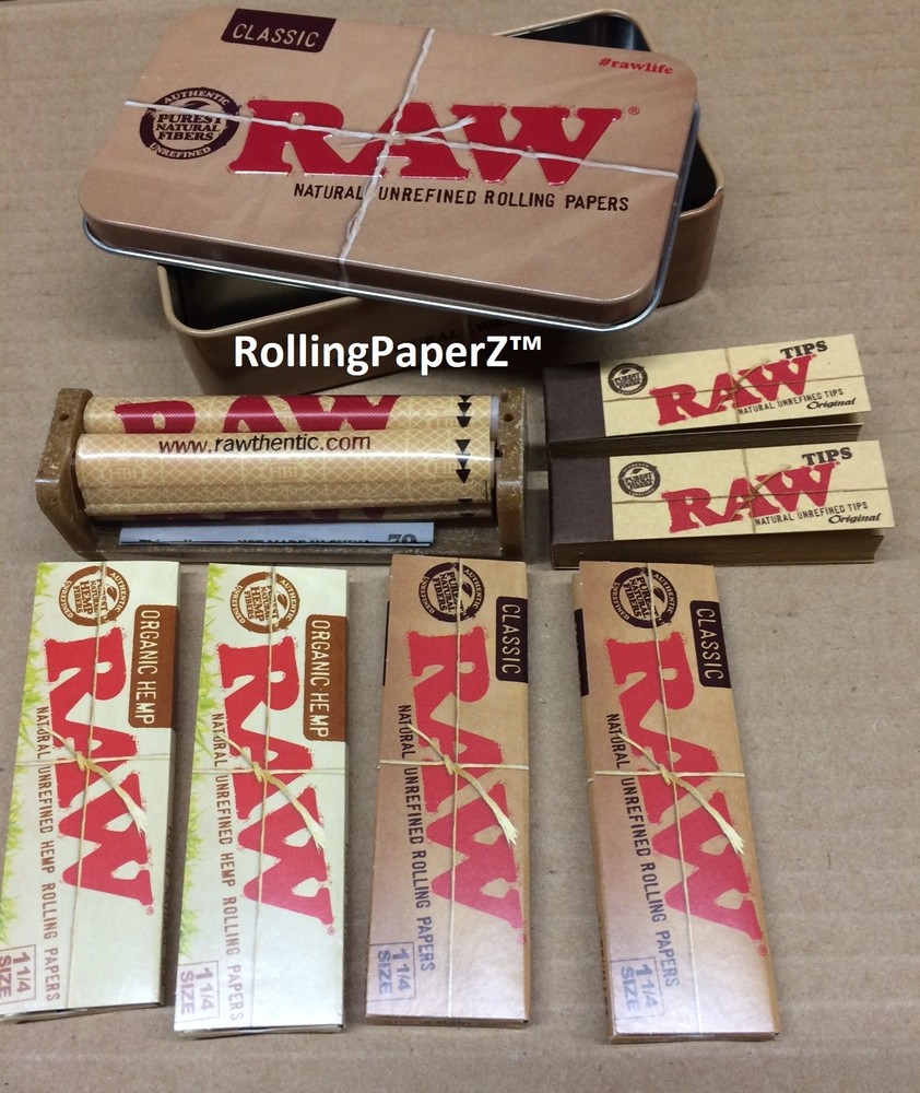RAW SQUARE TIN + Rolling Machine + 2 Organic Hemp and 2 Classic Papers + 2 Tips