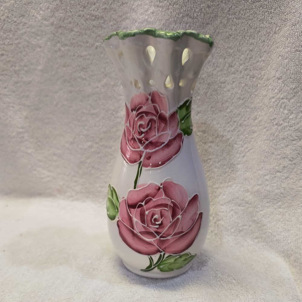 Ceramic Moriage Vase Springtime Flowers Teardrop Cut-outs 7"