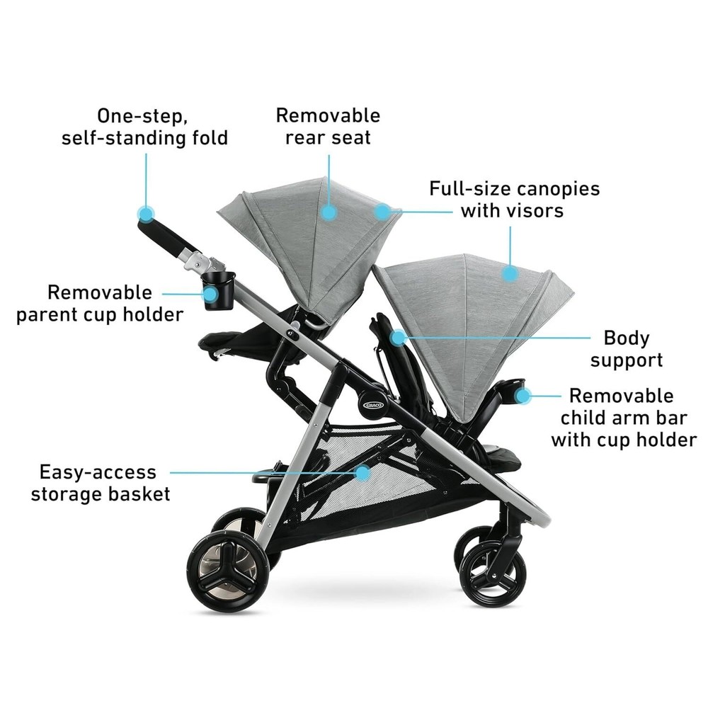 Double Stroller Features Bench Seat and Standing Platform Options