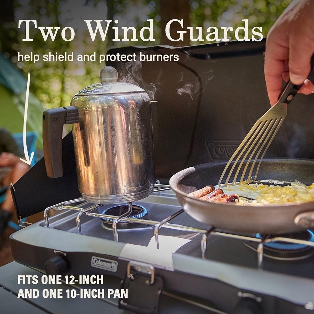 Efficient 2-Burner Propane Stove for Camping: Wind Guards & Grill Plate Included