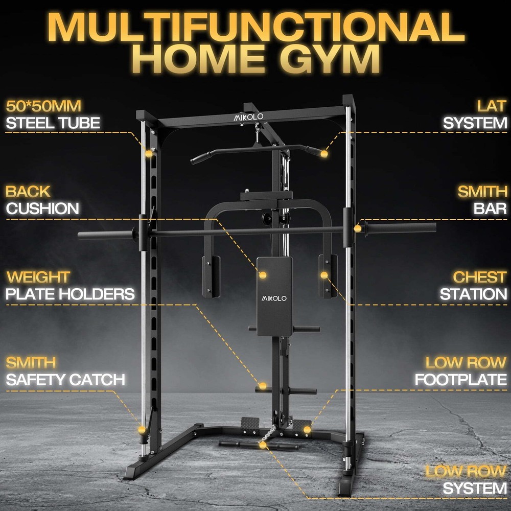 Smith Machine Home Gym Power Rack Pec Deck Lat Pull down w/Bar, Low Row Cable