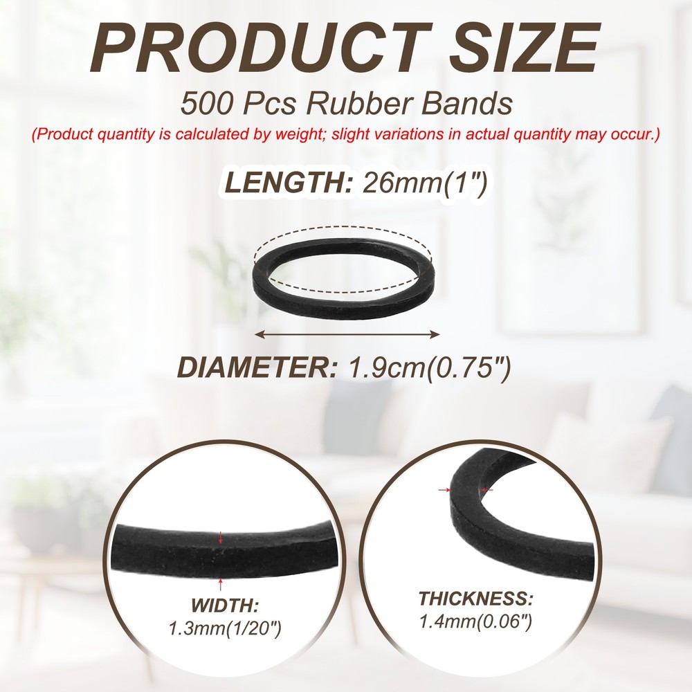 1" x 1/20" 500 Pcs Black Elastics Rubber Bands for Office File Folder