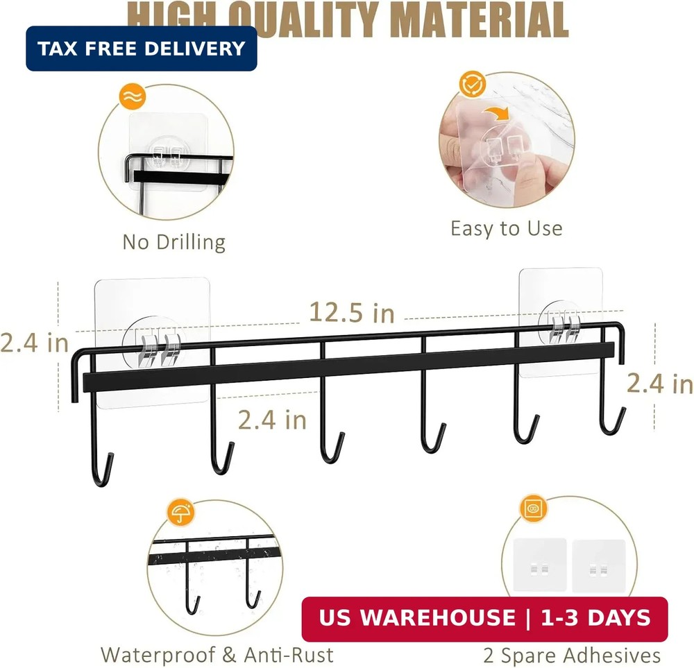 2 Pack No Drill Adhesive Rail with 12 Hooks Metal Organizer Kitchen Bathroom