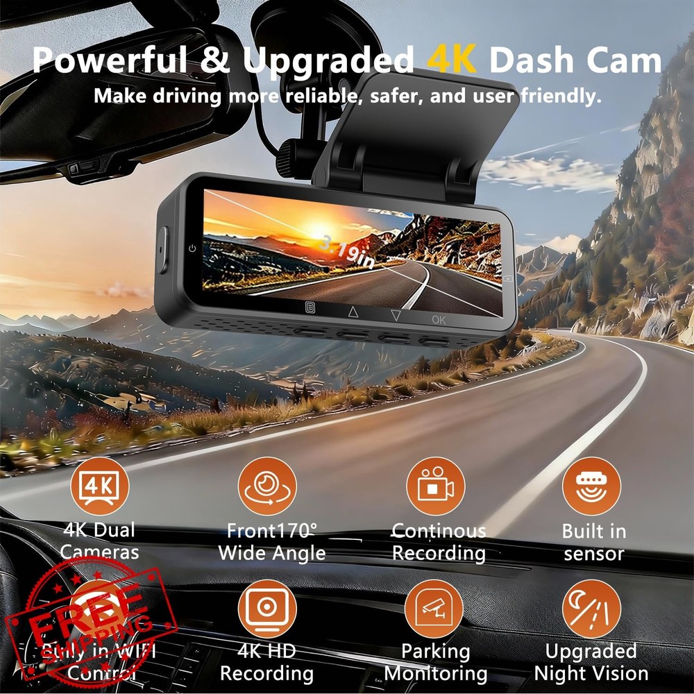 4K Dash Cam WiFi Front Car Camera, Night Vision, 170° Wide Angle