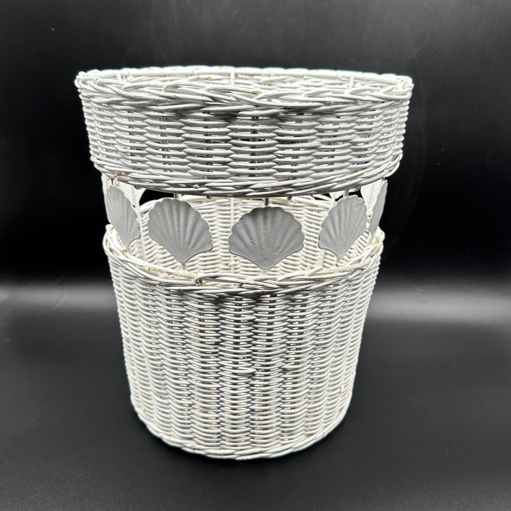Vintage Wicker & Metal Shell Pattern Waste Storage Basket