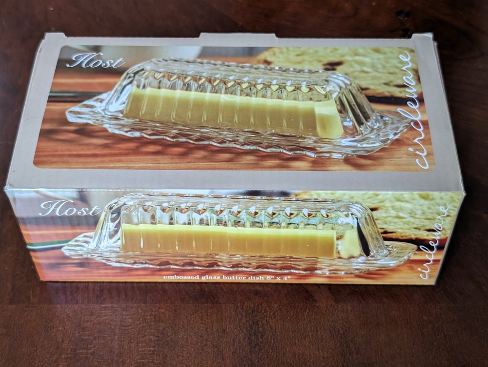 Circleware HOST 2pc Butter Cheese Covered Dish Clear Embossed Glass EUC 8" x 4"