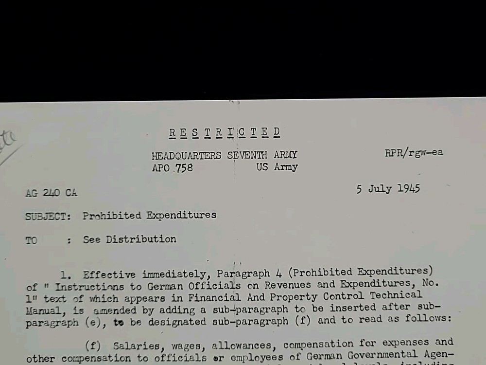 1945 Germany WWII US Army War Military Restricted Document Prohibited Purchases