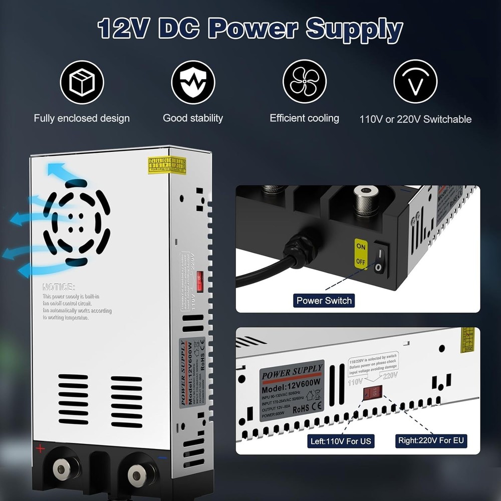 Versatile 600W AC to DC Converter, 110V/220V Input, 12V Adjustable Output