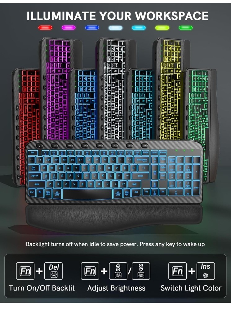 Ergonomic Wireless Keyboard and Mouse Combo - Wave Backlit Keyboard with Soft...