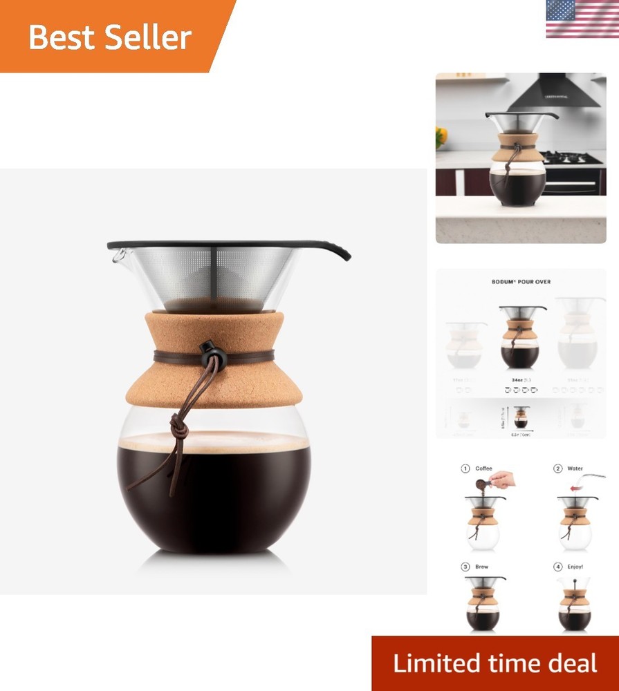 34oz Pour Over Coffee Maker - Elegant Borosilicate Glass & Permanent Filter
