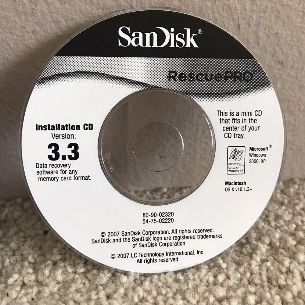 2007 SanDisk RescuePro 3.3 Software Mini Installation CD Disc Windows 2000 XP PC