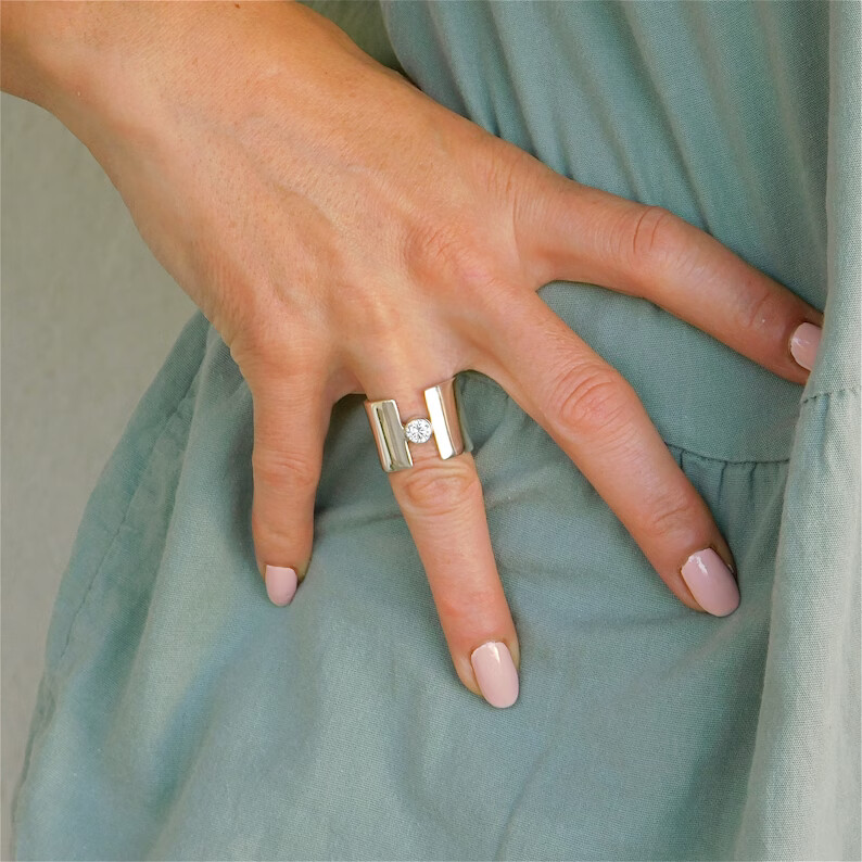 Crystal Solid 925 Sterling Silver Band& Statement Ring Handmade Ring All size