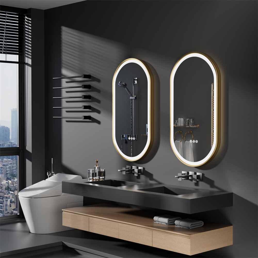 Oval LED Bathroom Mirror Gold Metal Frame Vanity Mirrors Dimmable 3 Touch Switch
