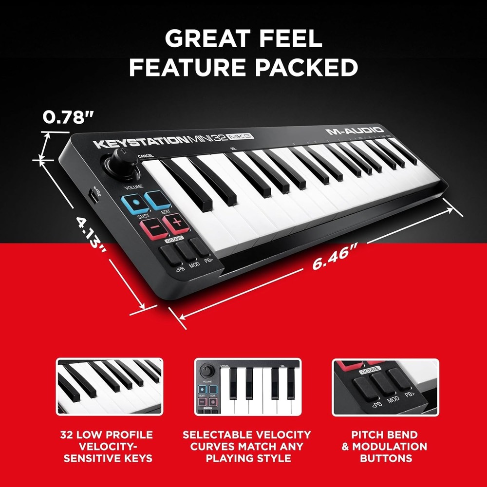M-AUDIO Keystation Mini 32 MK3 – USB MIDI Keyboard Controller w/ Software