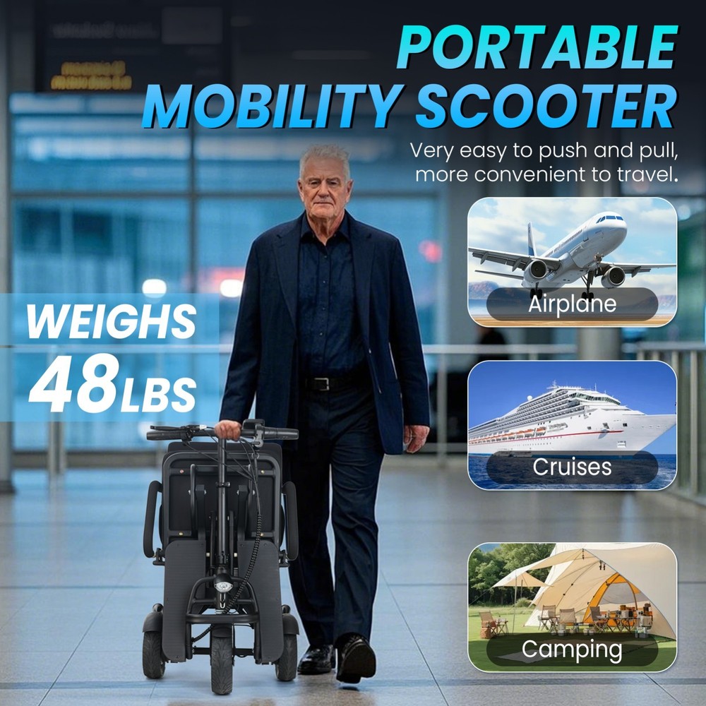 3-Wheel Mobility Scooter, Airline-Approved, Long-Range Battery, Quick Foldable