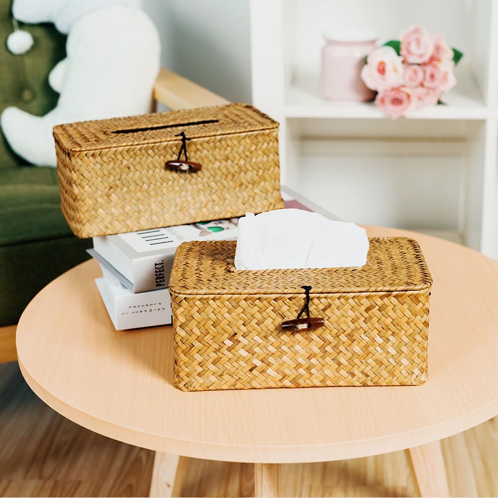 Rattan Woven Tissue Box Cover Vintage Wicker Rectangular Tissue Holder Decorativ
