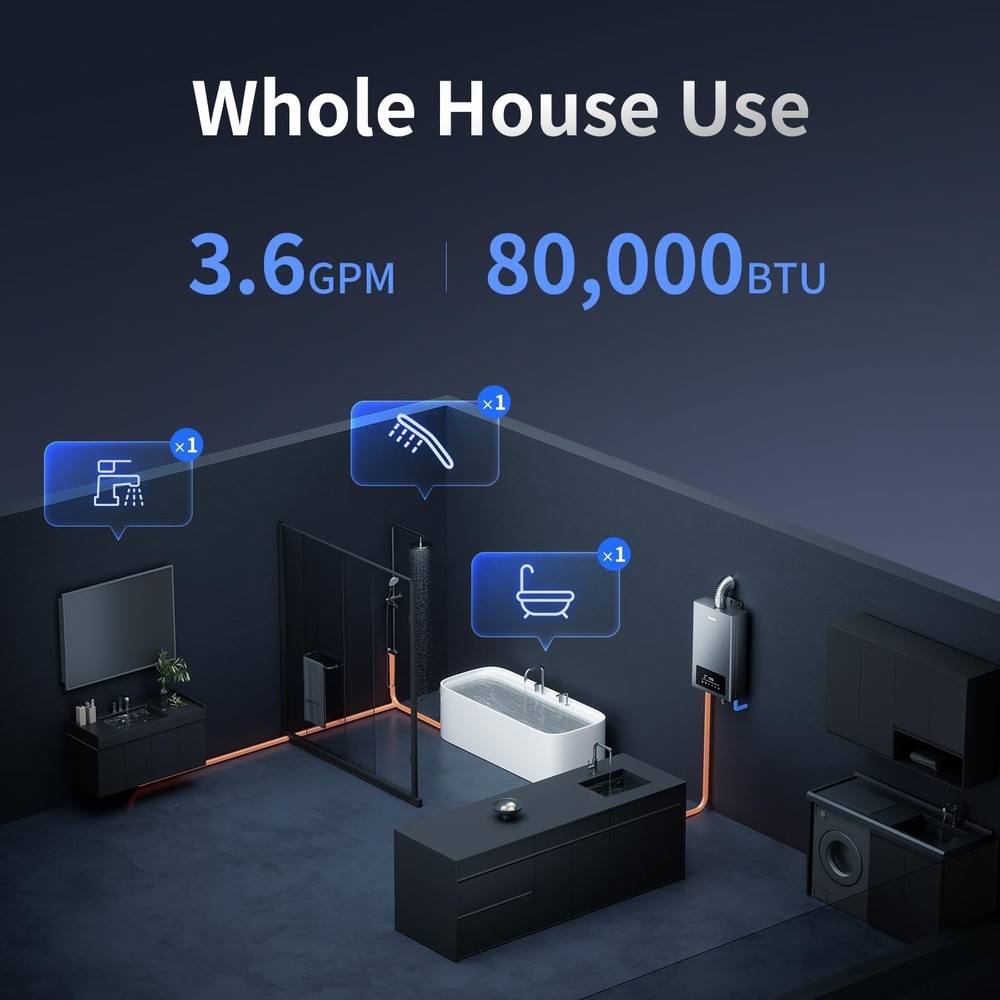 Ranein Tankless Natural Gas Water Heater, 80,000 BTU, 3.6 GPM