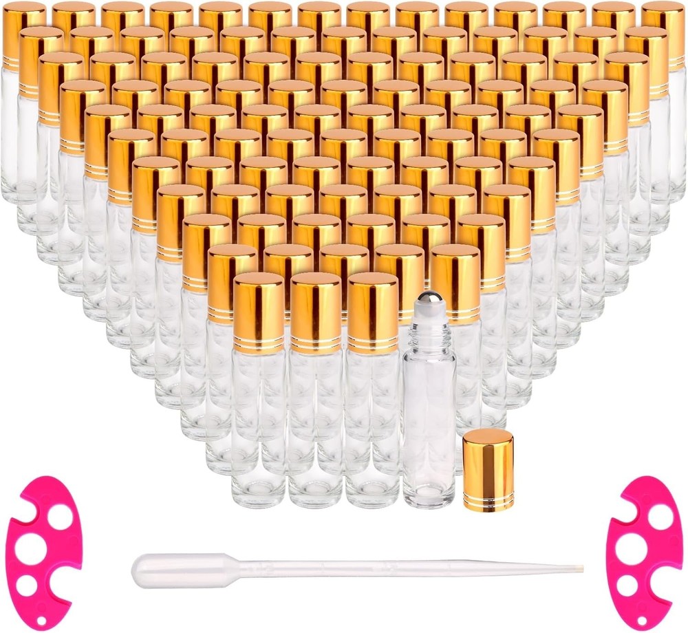 100 Pack,10ml Roller Bottles for Essential Oils Applicator Clear Glass Bottle...