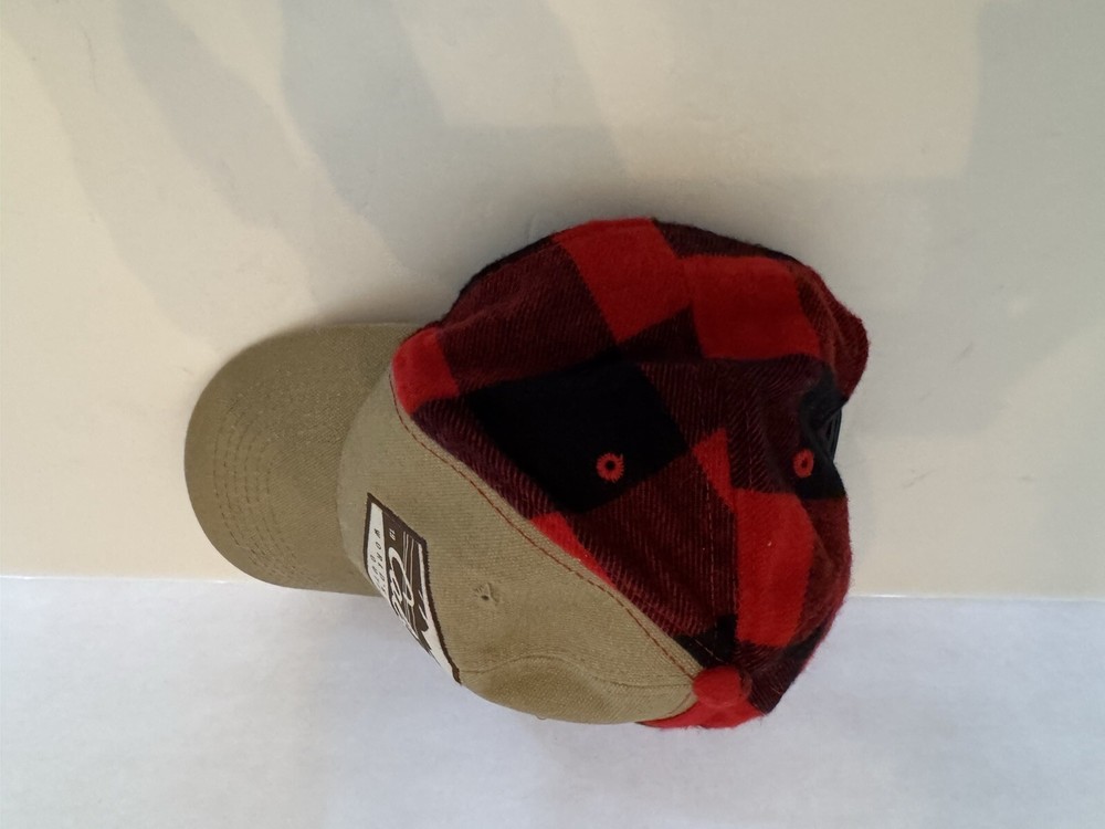 Cabelas Cap Buffalo Plaid Hat Tan Patch Red Black Flannel SnapBack 6 Panel Crown