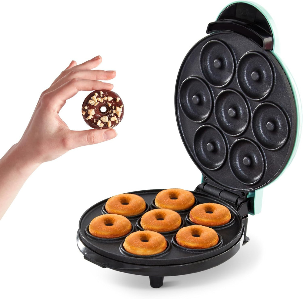 Express Mini Donut Maker Nonstick Double-Sided Makes 7 Space Saving Aqua