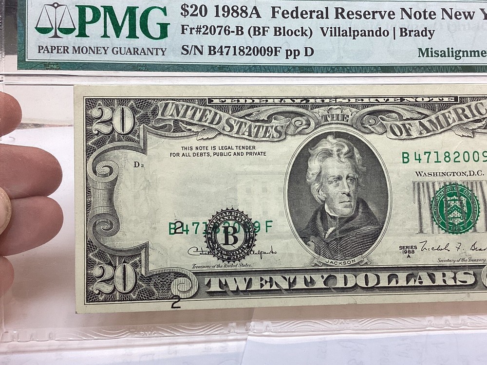 $20 1988A PMG 53 Misalignment Error District Overprint Fr#2076-B