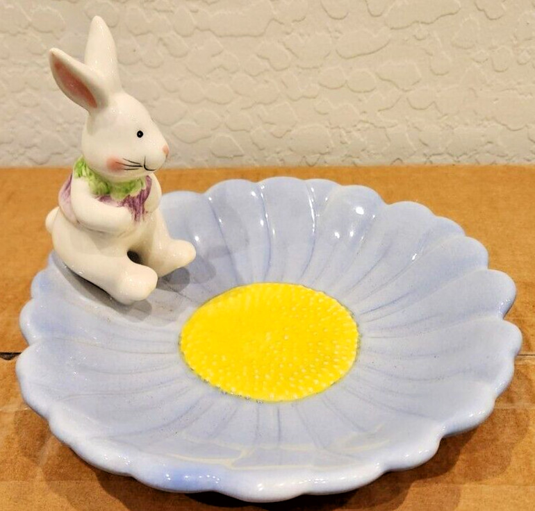 Cute! Easter Bunny Flower Design Candy Dish ~6" Plate ~Blue & Yellow ~Ceramic