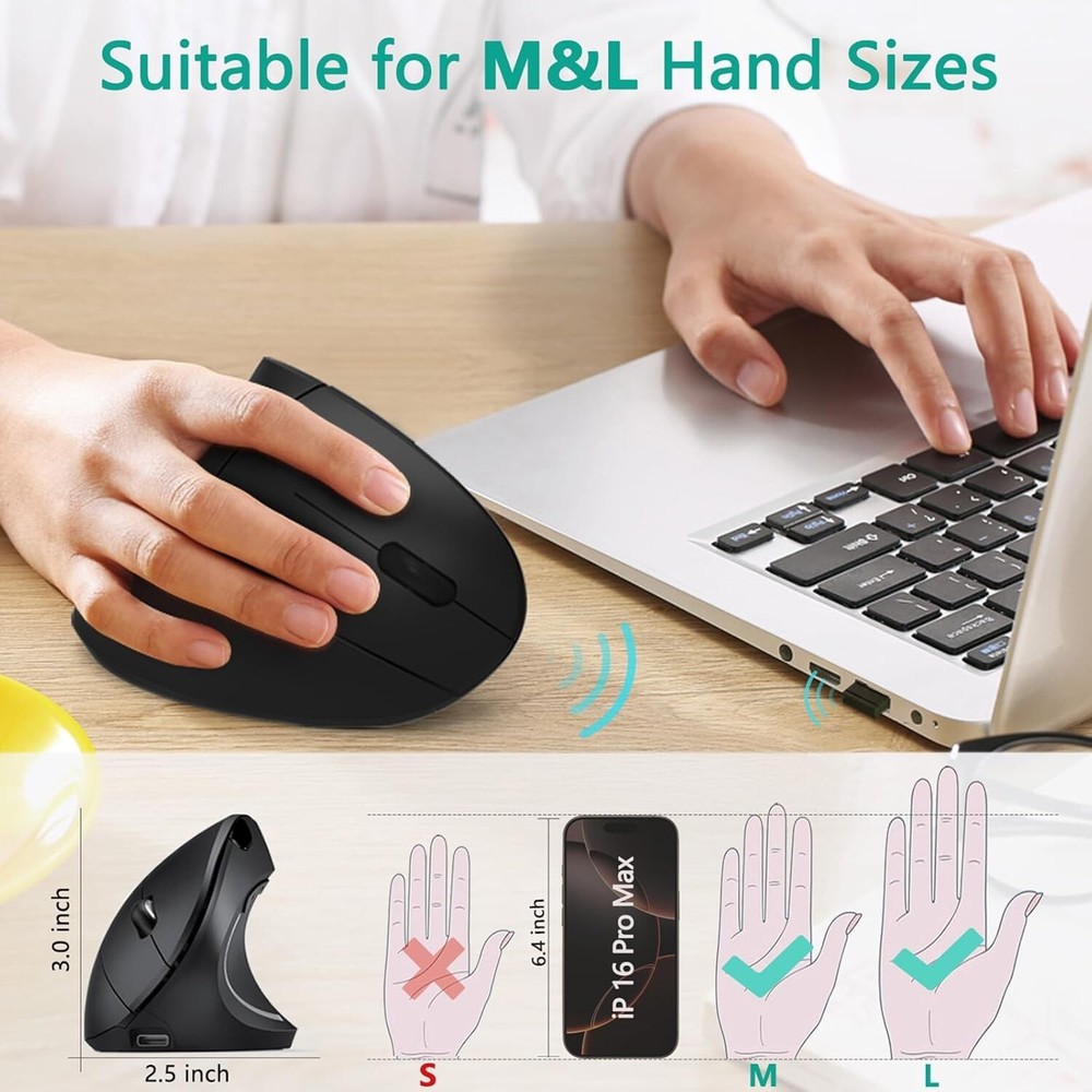 Ergonomic Mouse, Vertical Wireless Mouse - Rechargeable 2.4GHz, 6 Buttons