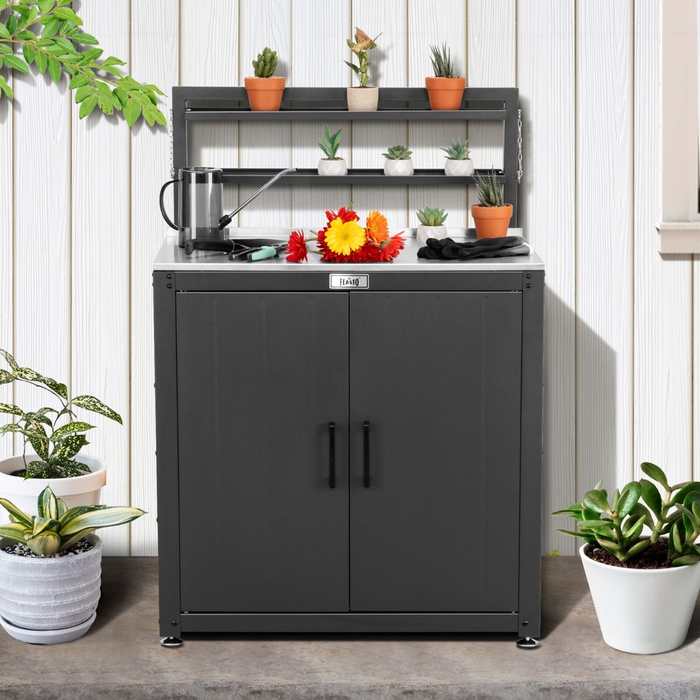 Feasto Garden Potting Bench with Storage Cabinet with Elevated Rack
