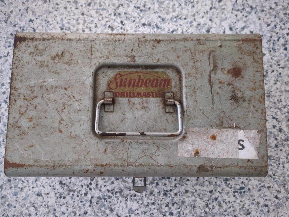 Vtg SUNBEAM DRILLMASTER #70 Electric Drill + Case, Drill Bits, Buffer, Sander