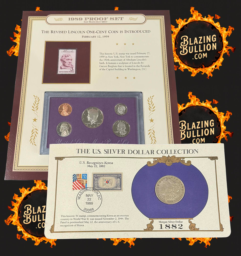 Coin Bundle 1989 Proof Set-3 Cent stamp & 1882 Morgan Silver Dollar-5 Cent stamp