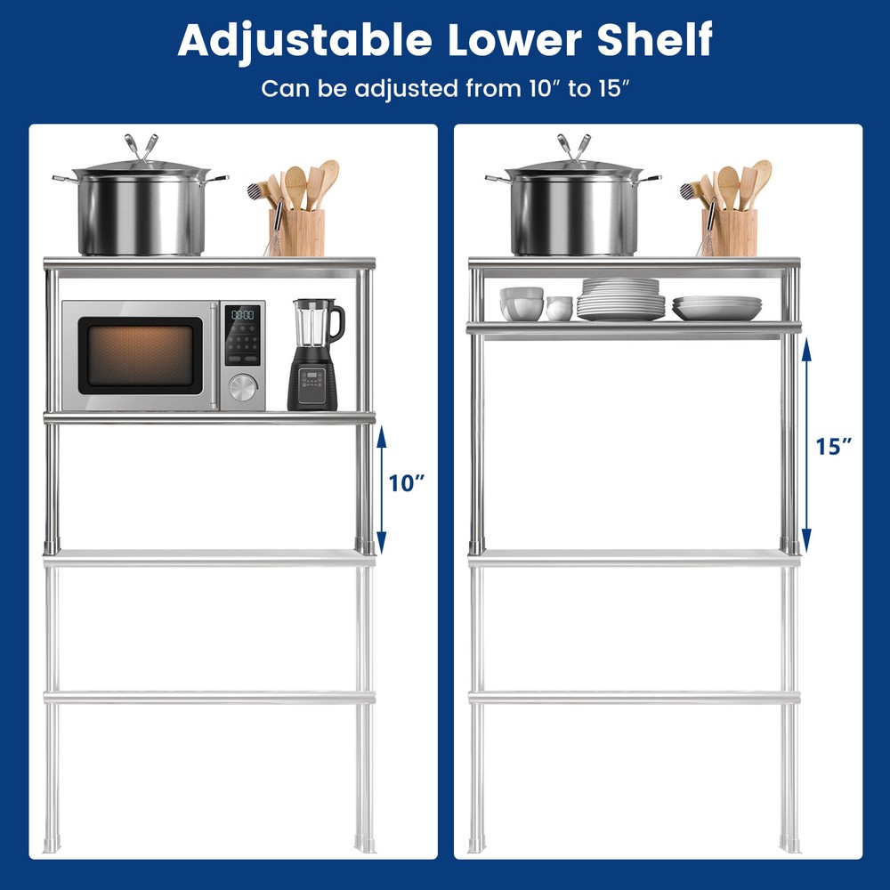 36" 2-Tier Overshelf for Prep & Worktable Stainless Steel Adjustable Lower Shelf