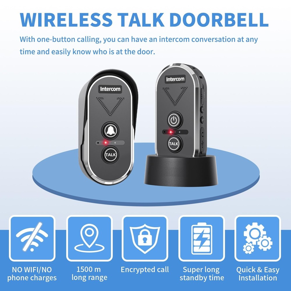Wireless Doorbell with Intercom, Wireless Intercom System 4900ft Long Range W...