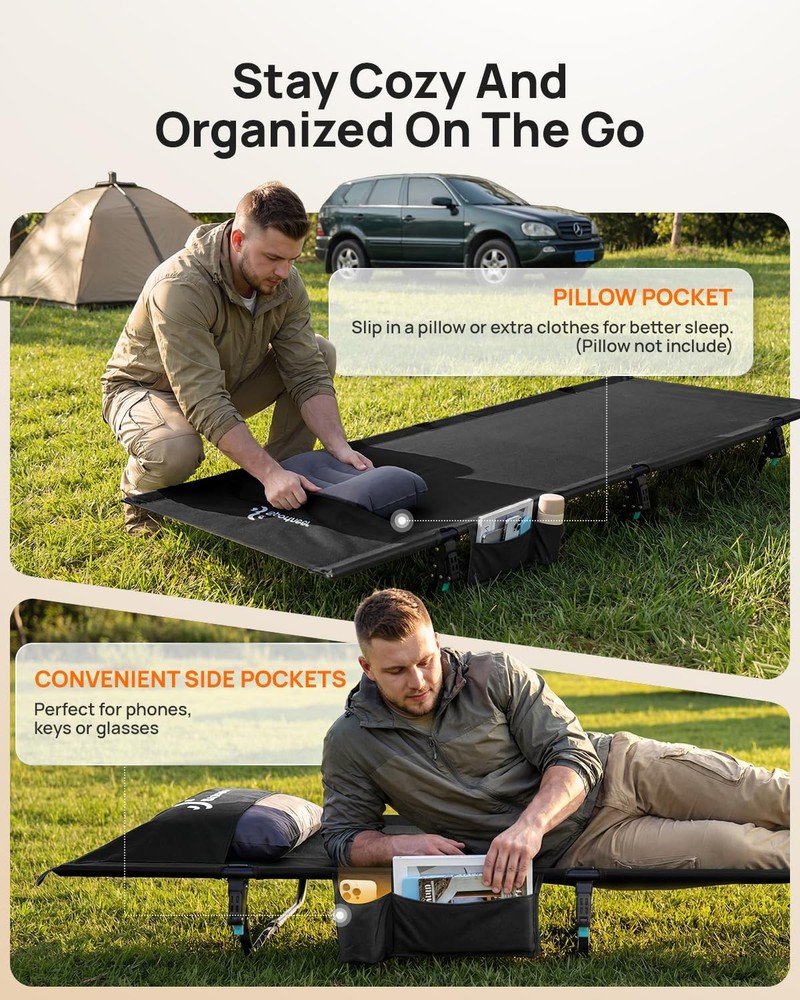 Camping Cot: 31.5’’ Extra Wide Compact Sleeping Cots with Side Pocket - Light...