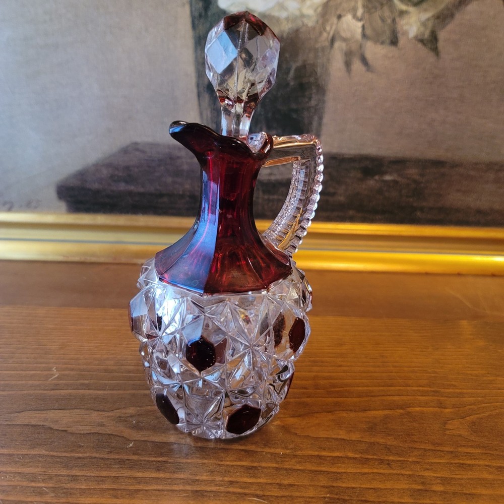 Antique EAPG Ruby Big Button Cruet Crystal Glass No 9 Original Stopper 1890