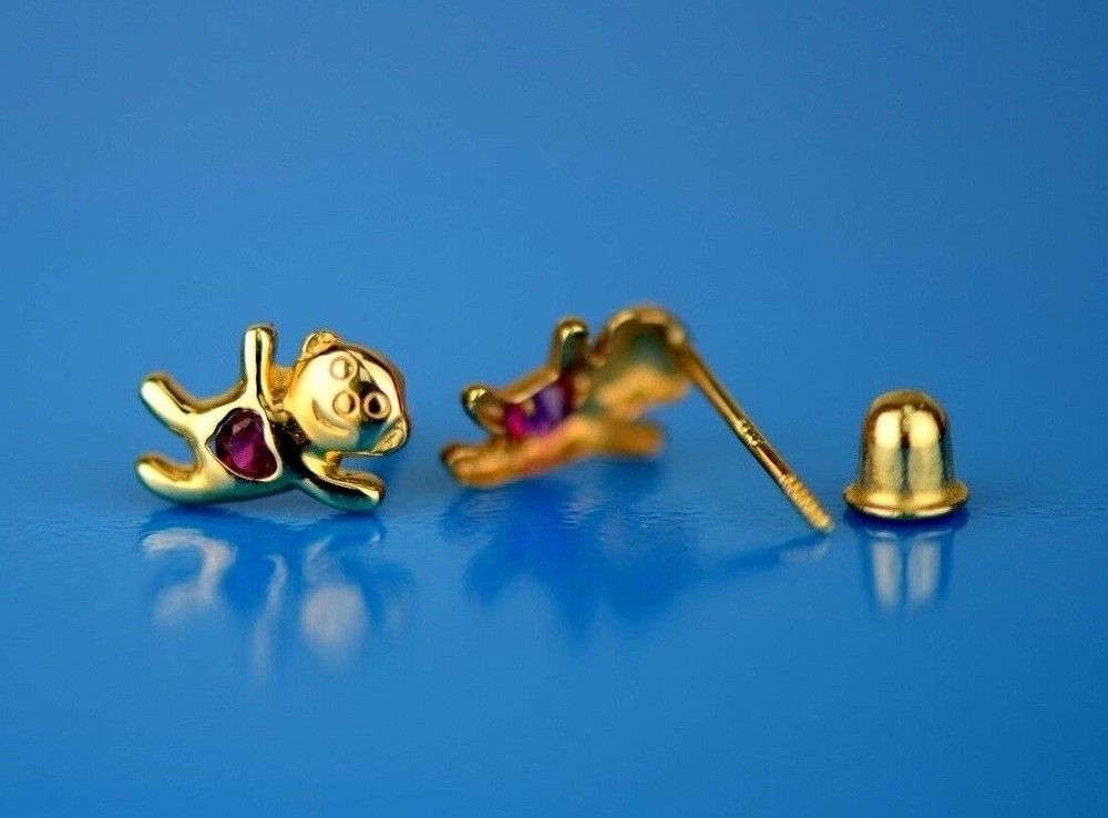14k Yellow Gold CZ Bear Stud Earrings